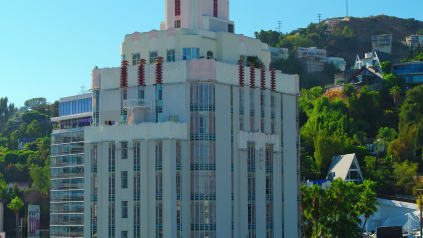 Aerial Forward Shot Of Towers In City On Sunny Day, Drone Flying Over Buildings - Los Angeles, California