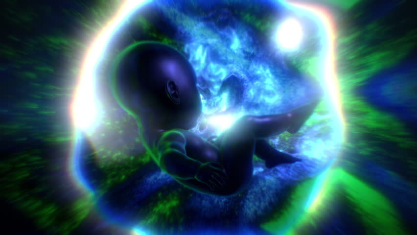 Close up of a stylised baby on a vibrant pulsating background, surrounded by an energetic bubble, as we travel in a cosmos of colourful energetic lines we see a pair of hands reach upwards. The sequen