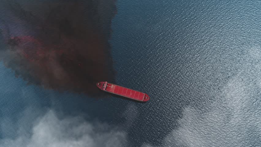 Oil Spills out from Tanker ship in the ocean Aerial top down
Drone view above tanker ship spills oil with A big black oil slick in the water,4K,2023
 Royalty-Free Stock Footage #1103572887