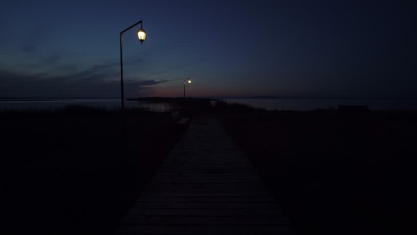 Beautiful evening or night landscape with street lamps and wooden ladder leading to shore with beach and reeds at sunrise or after sunset at Lake Svityaz, Ukraine
