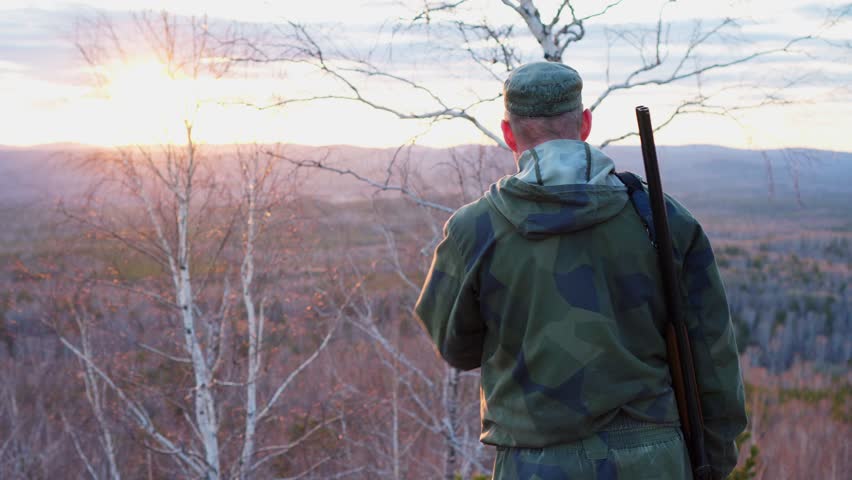 A hunter with a gun stands on top of a mountain and looks at the wild forest. Hunting with a dog in the forest.