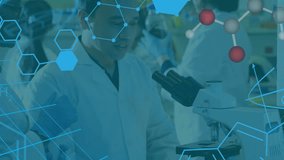 Animation of chemical structure on diverse male and female scientists using microscope at laboratory. Medical research and science technology concept - Powered by Shutterstock - Get 15% off with code: PIKWIZARD15