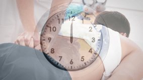 Animation of clock ticking over caucasian female physiotherapist with patient. Global computing and data processing concept digitally generated video.