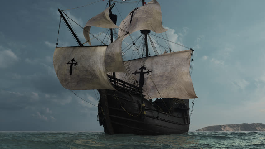The NAO VICTORIA is the flag ship of the MAGELLAN armada. 
A scientific 3D-reconstruction of a spanish galleon fleet 
in the beginning of the 16th century. sails ahead of the global circumnavigational Royalty-Free Stock Footage #1103576445