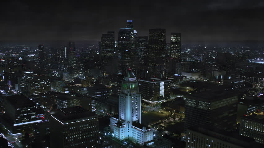 Lightning Storm over Financial District Los Angeles at Night. Aerial View of Downtown LA with Cloudy Sky, Thunderstorm. LA City Hall. Climate Change. Royalty-Free Stock Footage #1103579423
