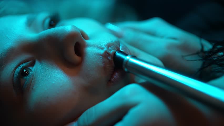 A close-up girl smokes a pipe and blows smoke from her mouth in neon light