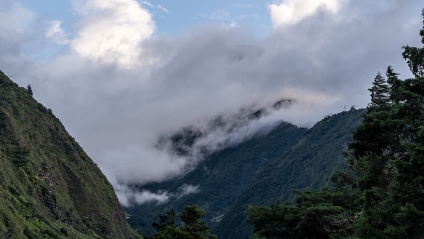 Timelapse footage of eautiful volcanoes in the city of Banos, Ecuador. Amazing sunset.