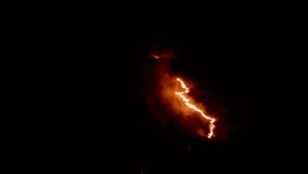 Night fire in the forest with fire and smoke.Epic aerial video of a smoking wild flame.A blazing,glowing fire at night.Forest fires.Dry grass is burning. climate change,ecology.Line fire in the dark.