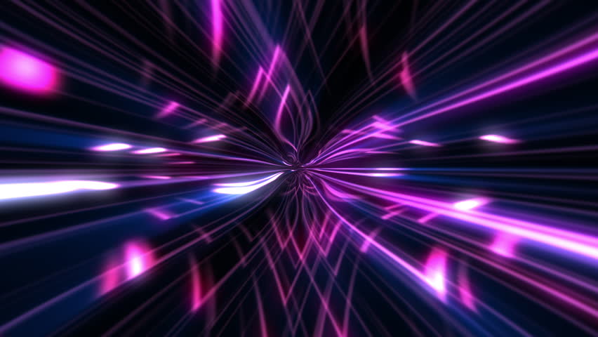 Abstract shiny neon colored pink and blue liquid light beams and glowing particles flying towards the camera. Vibrant, energetic VJ motion background.