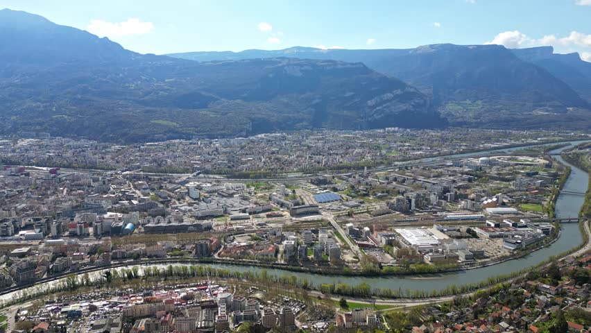 Aerial drone view from above Fort de La Bastille on the panorama of Grenoble - France, French Alps, Auvergne-Rhone-Alpes Region