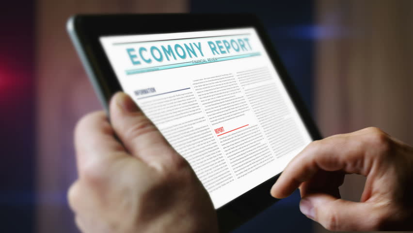 Quantitative easing inflation crisis and monetary policy daily newspaper reading on mobile tablet computer screen. Man touch screen with headlines news abstract concept 3d. Royalty-Free Stock Footage #1103587493