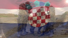 Animation of flag of croatia over diverse soldiers in circle. Global patriotism, military and digital interface concept, digitally generated video. - Powered by Shutterstock - Get 15% off with code: PIKWIZARD15
