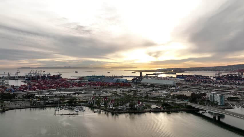 Container ships docked at Long Beach port. Long beach california. Aerial view of Long Beach skyline. Top view from drone of long beach CA. USA skyline.
