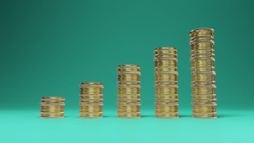 Golden Coin stacks, columns or towers on green background. Growing up, increasing trend of world stock market. Business. Rising prices global inflation financial concept animation. 3D Render close up | Shutterstock HD Video #1103588741