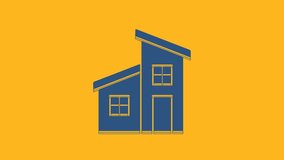 Blue House icon isolated on orange background. Home symbol. 4K Video motion graphic animation.