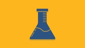 Blue Test tube and flask chemical laboratory test icon isolated on orange background. Laboratory glassware sign. 4K Video motion graphic animation.