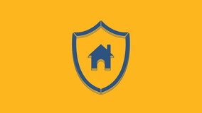 Blue House with shield icon isolated on orange background. Insurance concept. Security, safety, protection, protect concept. 4K Video motion graphic animation.