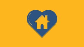 Blue House with heart shape icon isolated on orange background. Love home symbol. Family, real estate and realty. 4K Video motion graphic animation.