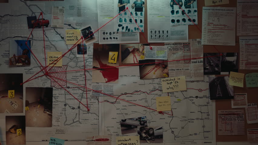 Investigation board with crime scene pictures and reports, mugshots, fingerprints, map, sticky notes and photos of suspects pinned to board and linked by red thread. Close-up view Royalty-Free Stock Footage #1103589991