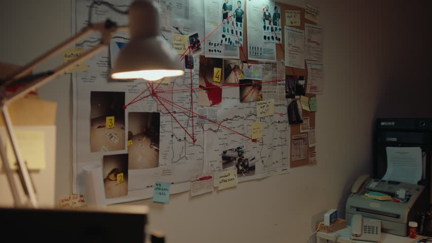 Detective office with no people during night time, murder investigation materials connected by red string on pinboard on the wall. CSI work concept Royalty-Free Stock Footage #1103589993