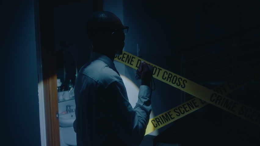 African American male investigator in formal shirt and tie standing in dark house, looking around with flashlight, searching the crime scene for evidence during night Royalty-Free Stock Footage #1103590033