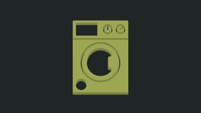 Green Washer icon isolated on black background. Washing machine icon. Clothes washer - laundry machine. Home appliance symbol. 4K Video motion graphic animation.