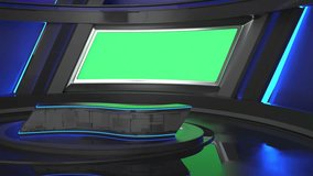 Television or news studio with green screen or chroma key. TV room with general and close up. Moving Newsroom bakground with screen and podium. Editorial video. Graphic 3D render animation in 4k