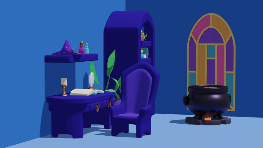 Interior of the wizard room with a cauldron. Abstract animation