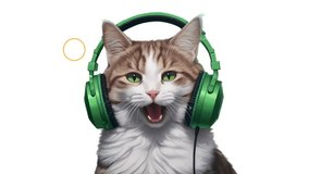 Happy cat bopping head to music with head phones