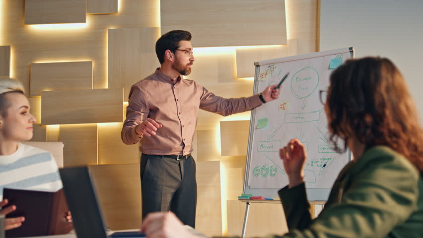 Confident team leader explaining business project to group coworkers in boardroom. Bearded speaker presenting creative startup showing strategy at whiteboard. Colleagues listening seminar in office. Royalty-Free Stock Footage #1103595657