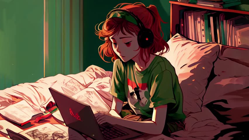 Lofi anime girl sitting on bed with computer Royalty-Free Stock Footage #1103597519
