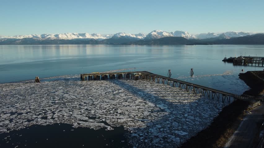 An aerial view of the Homer Harbor in Alaska on a beautiful, sunny day