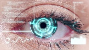 Cybersecurity, data and futuristic with scan of eye for biometric, safety and technology. Hologram, 3d and digital transformation with closeup of person for facial recognition, identity and laser - Powered by Shutterstock - Get 15% off with code: PIKWIZARD15