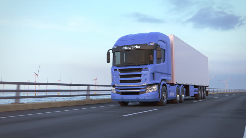 Generic electric semi truck with cargo trailer driving along a bridge or coastal highway into the sunset with wind turbines in background. Green energy concept. Realistic 3d rendering animation.

 Royalty-Free Stock Footage #1103610513