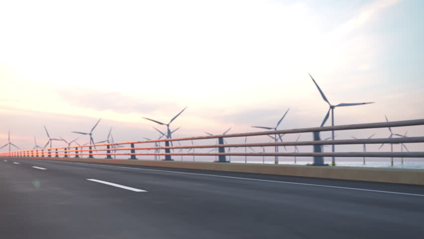 Generic electric semi truck with cargo trailer driving along a bridge or coastal highway into the sunset with wind turbines in background. Green energy concept. Realistic 3d rendering animation.

 Royalty-Free Stock Footage #1103610519