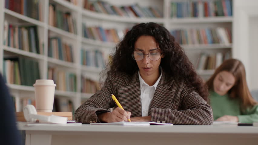 Facing academic problems. Perplexed young woman student in eyeglasses thinking over difficult question during test, searching for right answer in stressful environment, tracking shot, free space Royalty-Free Stock Footage #1103611959