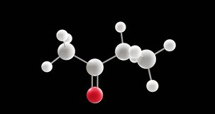 Butanone molecule, rotating 3D model of methyl ethyl ketone, looped video with alpha channel