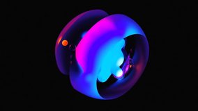 3d render of abstract art of surreal object bubbles balls spheres glass drops water liquid in neon glowing blue purple pink gradient color in transition deformation process on black background