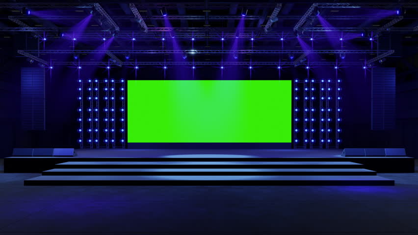 Motion Empty stage Design for mockup and Corporate identity,Display.Stage green screen in hall.Blank screen for Graphic Resources.Scene event led night light staging.Animation loop 4k.3D render.