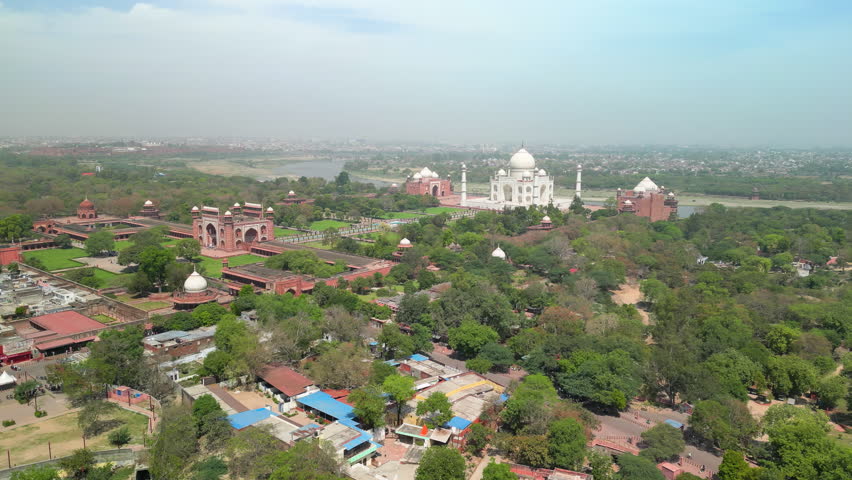 Taj Mahal, India: Aerial view of of iconic monument in city Agra (Uttar Pradesh), famous marble mausoleum on right bank of river Yamuna - landscape panorama of South Asia from above