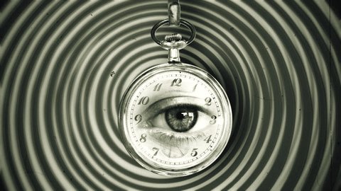 Hypnotic Eye Stare Pendulum Watch Hypnotize Clock Swings Retro Revival. Weird eye stare inside a hypnotic pendulum clock, vintage style. Motion background: film stockowy