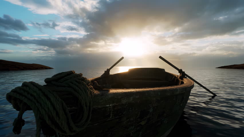 A close-up view of an old rowing boat loosely tied with a rope at the waters edge, its oars submerged in the water. Royalty-Free Stock Footage #1103621799