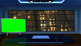 Cityscape in background window for Blue coloured set with Plasma Tv.  News base TV Program seamless loopable HD Video