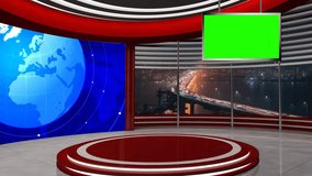 Cityscape and Blue colour rotating globe in background window for Red coloured set with hanging plasma tv. 
 News base TV Program seamless loopable HD Video