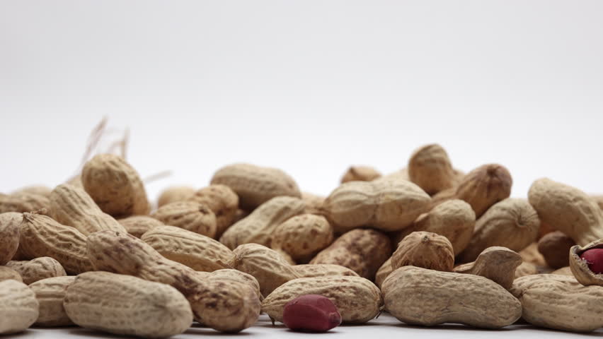 Raw Peanuts With Shells And Open Nut On White Background. Panning Dolly Slider Shot. Close Up. 4k, 60 FPS, ProRes. Royalty-Free Stock Footage #1103628941