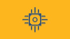 Blue Processor icon isolated on orange background. CPU, central processing unit, microchip, microcircuit, computer processor, chip. 4K Video motion graphic animation.