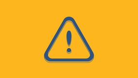 Blue Exclamation mark in triangle icon isolated on orange background. Hazard warning sign, careful, attention, danger warning important sign. 4K Video motion graphic animation.
