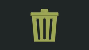 Green Trash can icon isolated on black background. Garbage bin sign. Recycle basket icon. Office trash icon. 4K Video motion graphic animation.