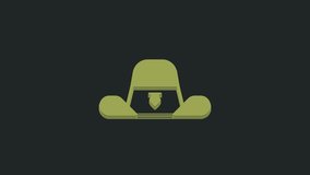 Green Sheriff hat with badge icon isolated on black background. 4K Video motion graphic animation.