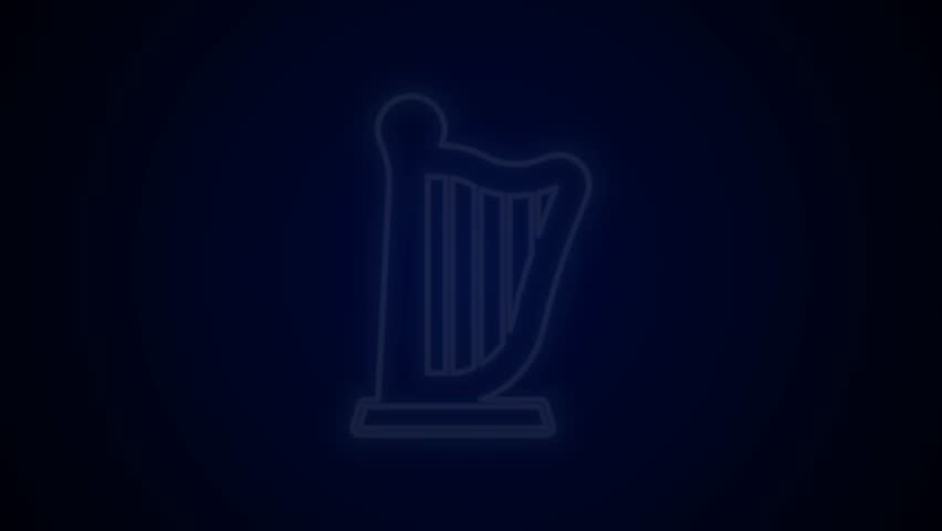 Glowing neon line Harp icon isolated on black background. Classical music instrument, orhestra string acoustic element. 4K Video motion graphic animation.